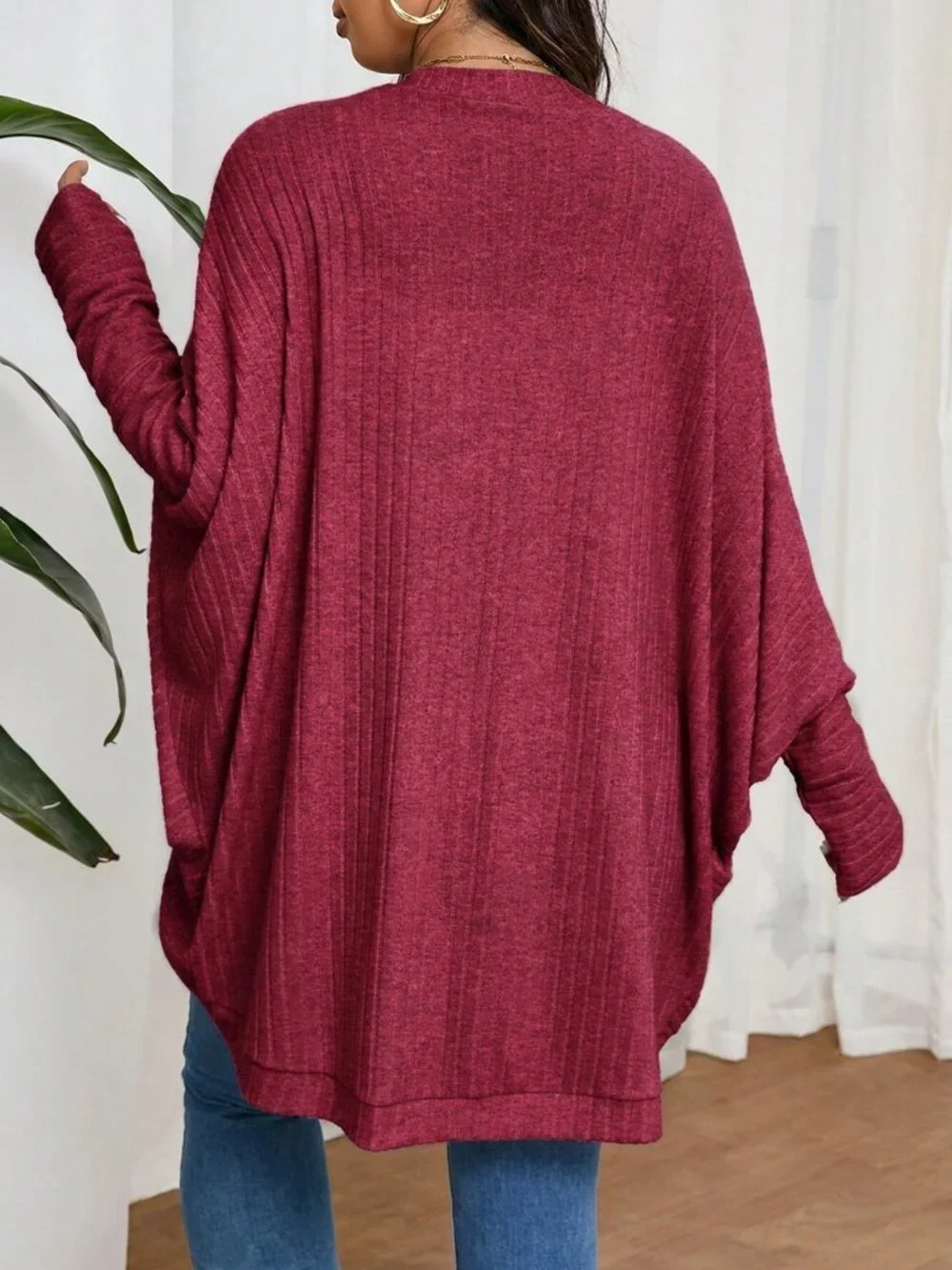 Burgundy Casual Women's Plus Size Loose Ribbed Brushed Knit Cardigan Jacket